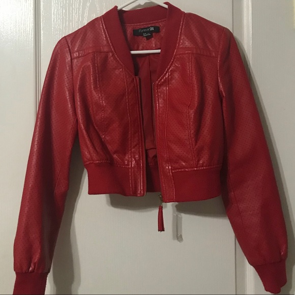 cropped red bomber jacket